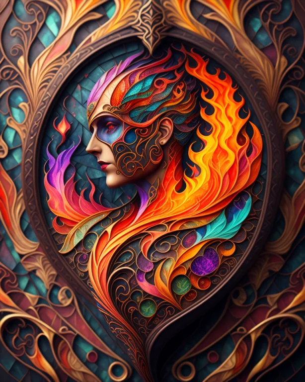 Fire, Scary, Art Nouveau, Digital Painting, Upper Body Shot,...