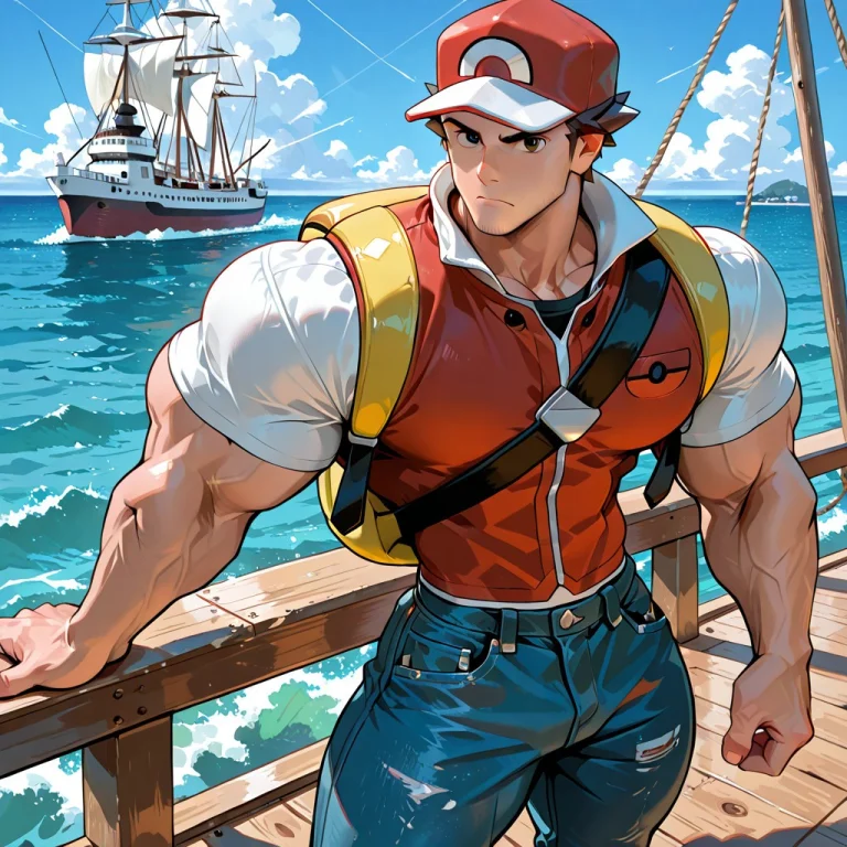 1boy, Solo, Serious, Red Vest, Red Hat, Jeans, Standing On A...