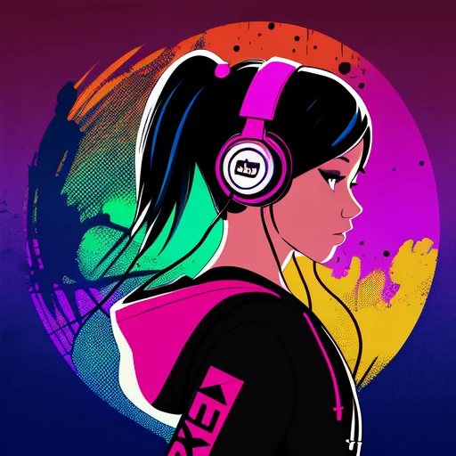 Ink Art, Vector, Girl Wearing A Hoodie And Headphones, Color...