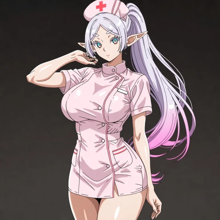 Long Pink Hair Elf Ponytail Nurse Outfit Full Body