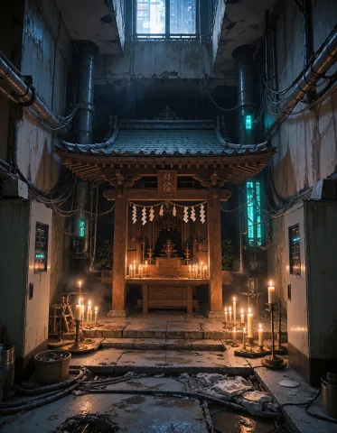 Loratraining2617621-20260929140444642-wtin1 Z1os, Hidden Jap... — Stable Diffusion AI Prompt: z1os, hidden Japanese shrine deep beneath a futuristic city, old wooden altar s...
