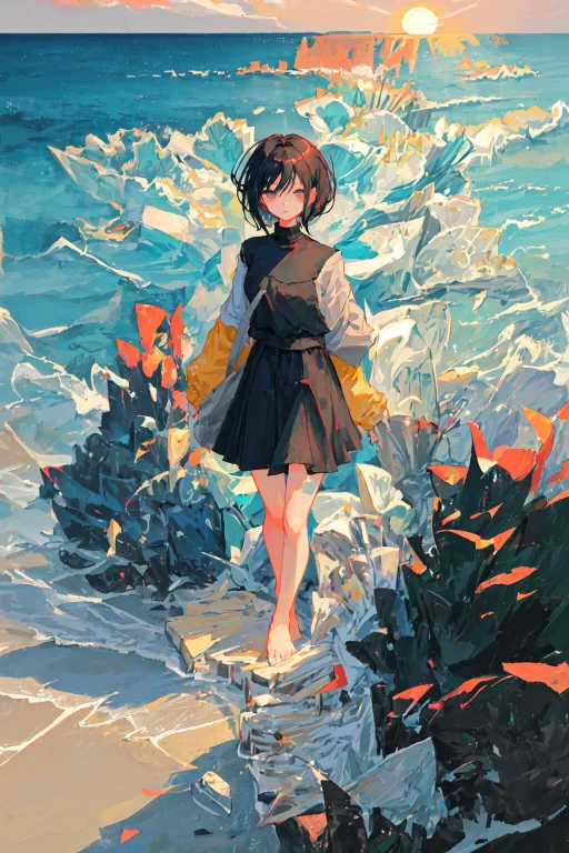 Visual Novel, Girl, Short Hair, Black Hair, Morning, Island,...