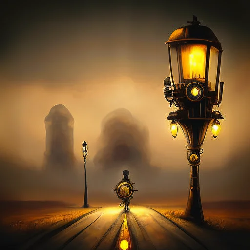 Steampunkai, Steampunk, Empty Road With Single Lantern On Th...
