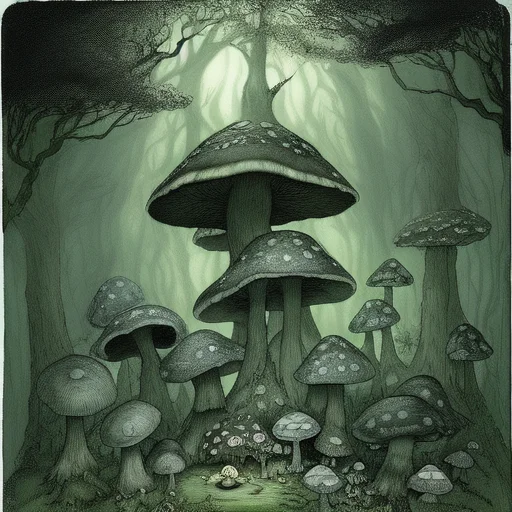 Deep Night In A Fantasy-like Forest, Enormous Mushrooms, Var...