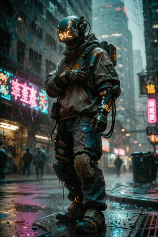 A Solitary, Heavily Augmented Cyberpunk Mercenary Stands Und...