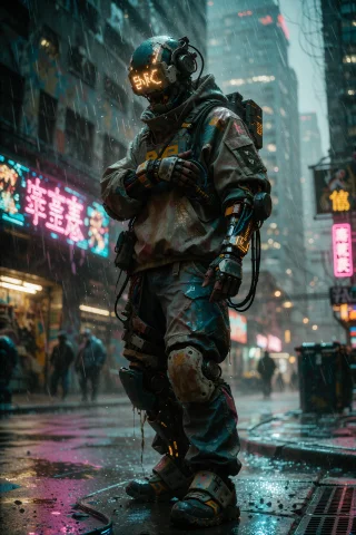 A Solitary, Heavily Augmented Cyberpunk Mercenary Stands Und... — Stable Diffusion AI Prompt: A solitary, heavily augmented cyberpunk mercenary stands under heavy rainfall on...