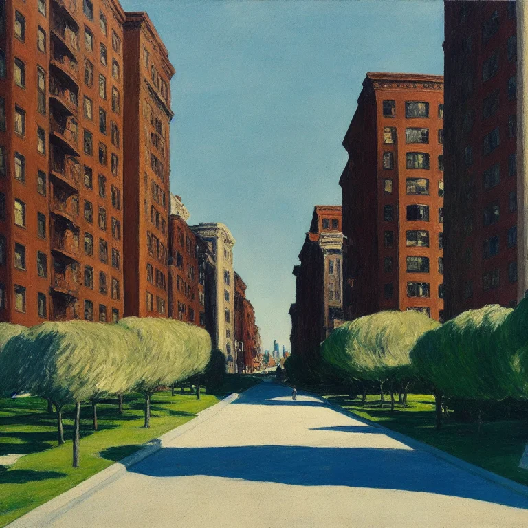 A Painting Looking Down A Tree Lined Street With Many Tall W...