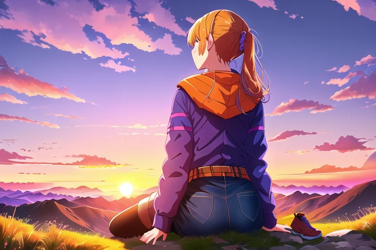Shot From Behind1.1 Of A Girl Sitting A The Top Of A Mountai...