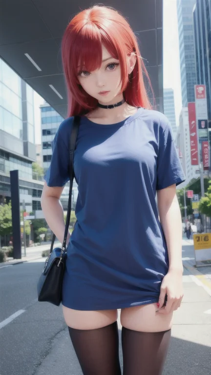 She,anime,style,blue Shirt, Cybercity Backgroud,look At Cama...