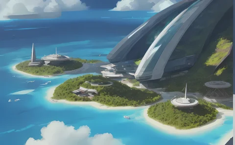 A Tropical Island, Spaceship In The Sky, Base Building, Mast... — Stable Diffusion AI Prompt: A tropical island, spaceship in the sky, base building, masterpiece, best qualit...