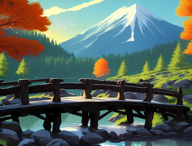 Hestyle Wooden Bridge, And Small River With Trees And Mounta...