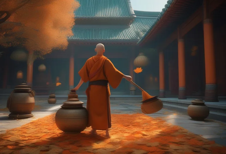 A Monk Sweeping Leaves In A Temple Courtyard, Pixar Style 3d...