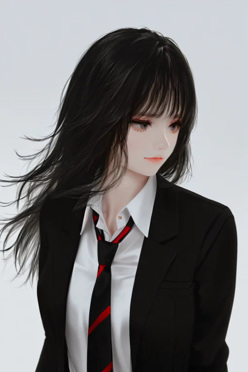 Skistyle, 1girl, Solo, Black Hair, Long Hair, Grey Backgroun...