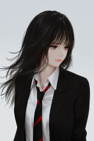 Skistyle, 1girl, Solo, Black Hair, Long Hair, Grey Backgroun... — Stable Diffusion AI Prompt: skistyle, 1girl, solo, black hair, long hair, grey background, shirt, collared s...