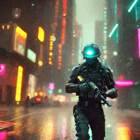 A Futuristic Soldier With A Rifle Running In A Neon Cityscap... — Stable Diffusion AI Prompt: a futuristic soldier with a rifle running in a neon cityscape, pounding rain, ci...