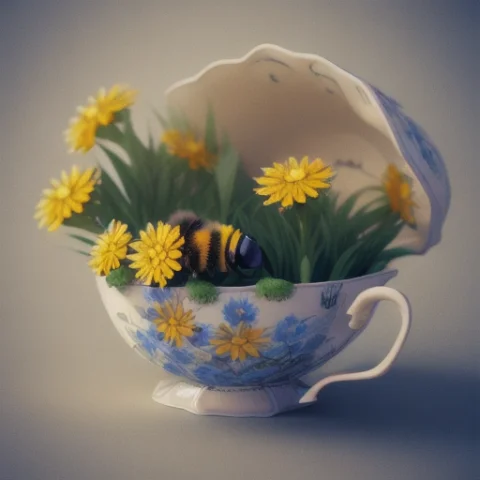 A Bumblebee Curled Up In A Broken Teacup, Sounded By Flowers... — Stable Diffusion AI Prompt: a bumblebee curled up in a broken teacup, sounded by flowers. sheltering from th...