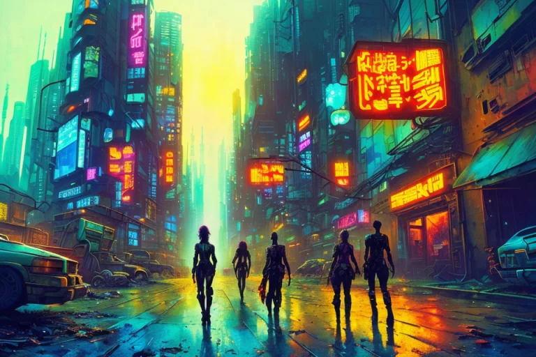 Photo Of A Cyberpunk Postapocalyptic Cityscape, Melancholic...