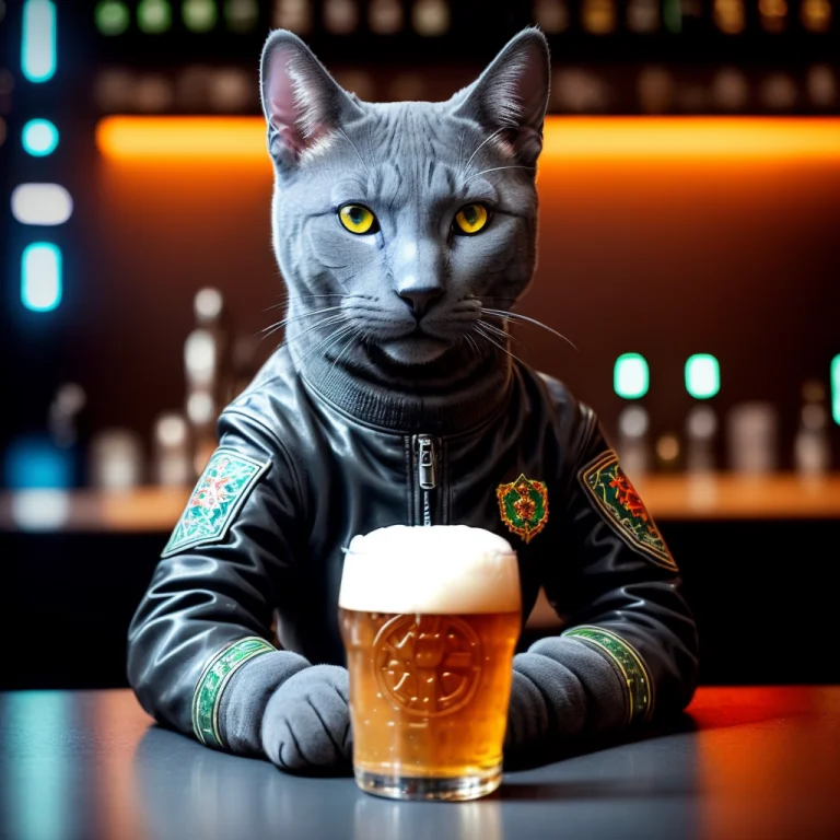 A Russian Blue Breed  Cat In Black Biker Jacket, Cyborg, Sit...