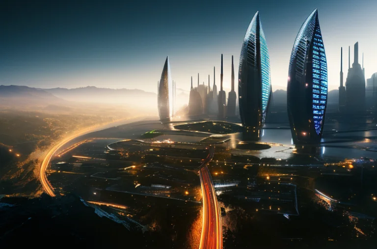 Landscape Of A Futuristic Sci Fi City, High Detail, Twilight...