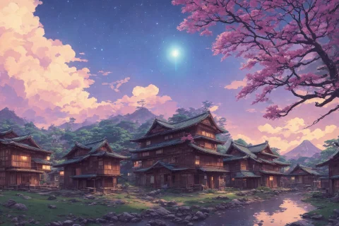 Japanese Village Abandoned, Beautiful Galaxy In The Backgrou... — Stable Diffusion AI Prompt: Japanese village abandoned, beautiful galaxy in the background, very detailed, r...