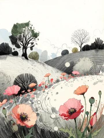 Bradhamel Art Style. A Whimsical Landscape Illustration Feat... — Stable Diffusion AI Prompt: Bradhamel art style. A whimsical landscape illustration featuring rolling hills...