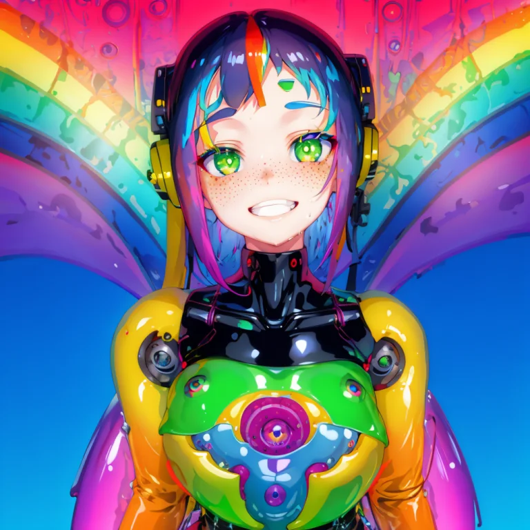Girl, Freckles, Robot Girl, Rainbow1.2, Grinning, Wet, High...