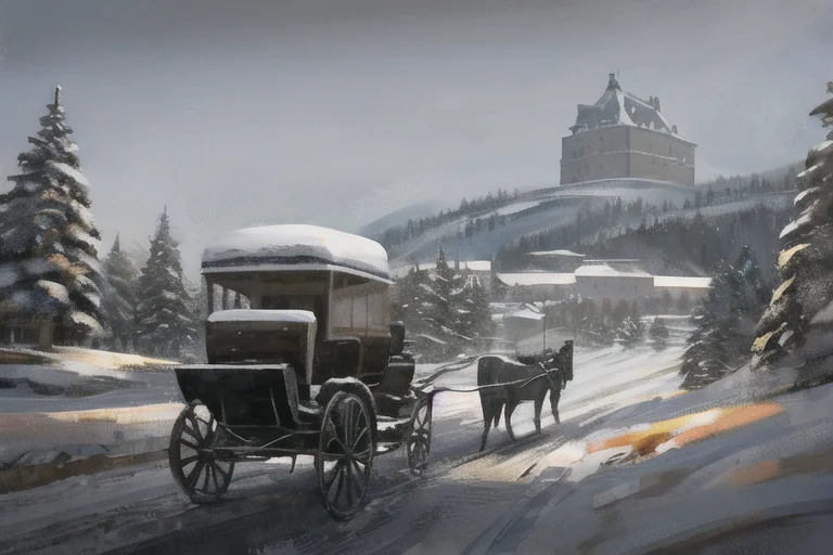 A Painting Of A Horse Drawn Carriage On A Snowy Road With A...