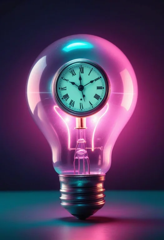 8k, Raw Digital Photo, An Old Light Bulb With Clock, Glowing...