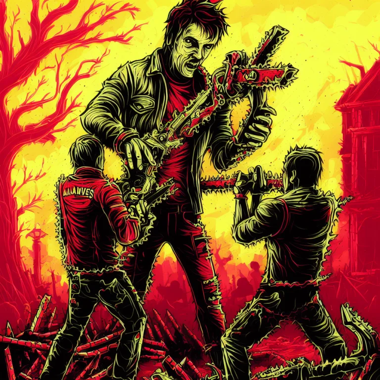 A Man Holding A Chainsaw In Front Of A Man In A Red Shirt An...