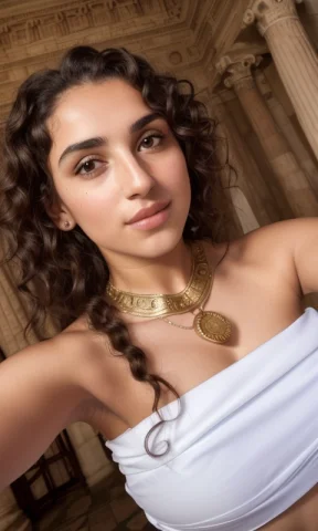 Lonely Young Greek Woman, Curly Hair, White Skin, Ancient Ro... — Stable Diffusion AI Prompt: lonely young greek woman, curly hair, white skin, ((ancient roman headdress, anc...