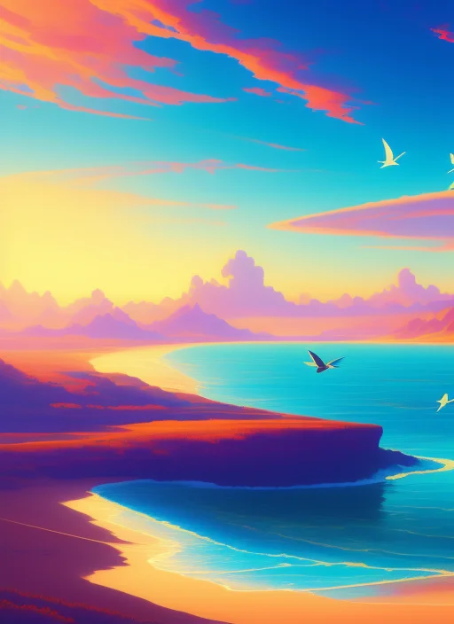 A Sunset Over The Ocean With Birds Flying In The Sky, A Pain...