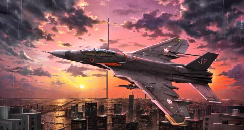 Fighter Jet, Airplane, Aircraft, Sunset, Raining, No Humans,... — Stable Diffusion AI Prompt: fighter jet, airplane, aircraft, sunset, raining, no humans, flying, city, skysc...