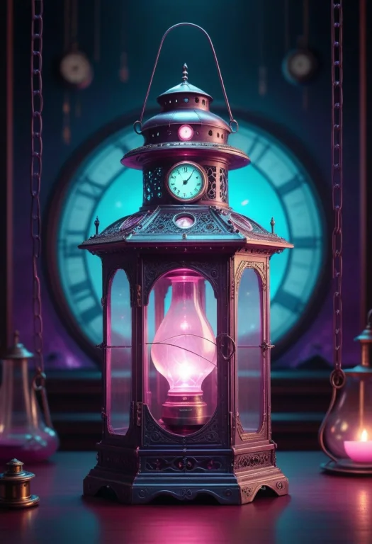 8k, Raw Digital Photo, An Antique Lantern With A Small Clock...