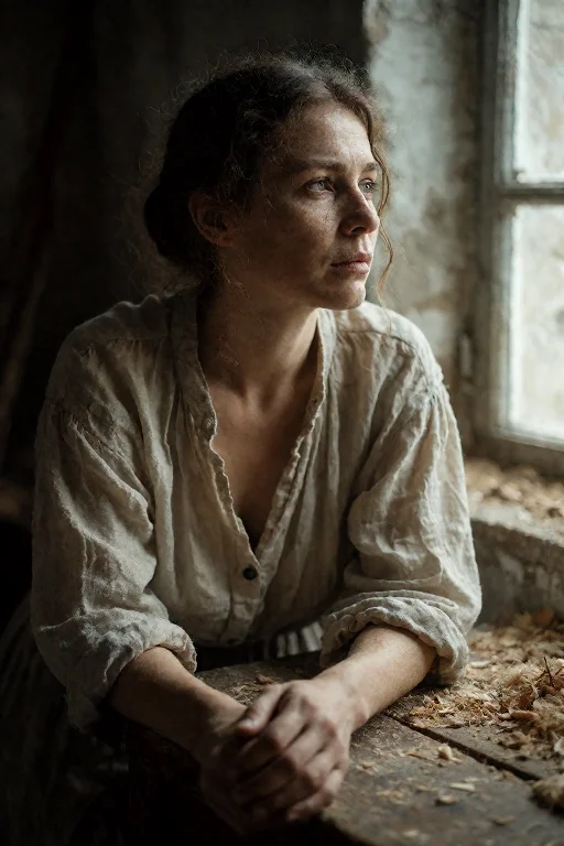 Cinematic Portrait Of A Middle-aged Woman In A Weathered Lin...