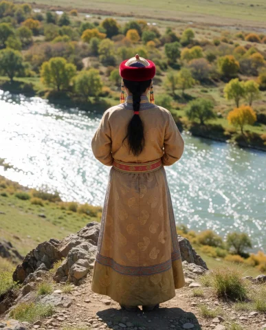 The Mongolian Woman Stands On A Mountain Peak And Looks In... — Stable Diffusion AI Prompt: The mongolian woman баяан сүү stands on a mountain peak and looks into the sinse...