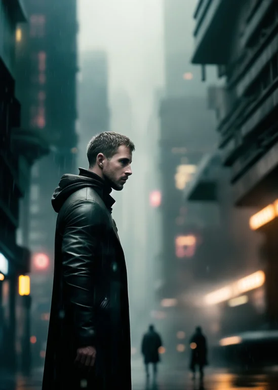 Close-up Of Mans Face Walking On A Busy Sidewalk, Sci-fi Cit...
