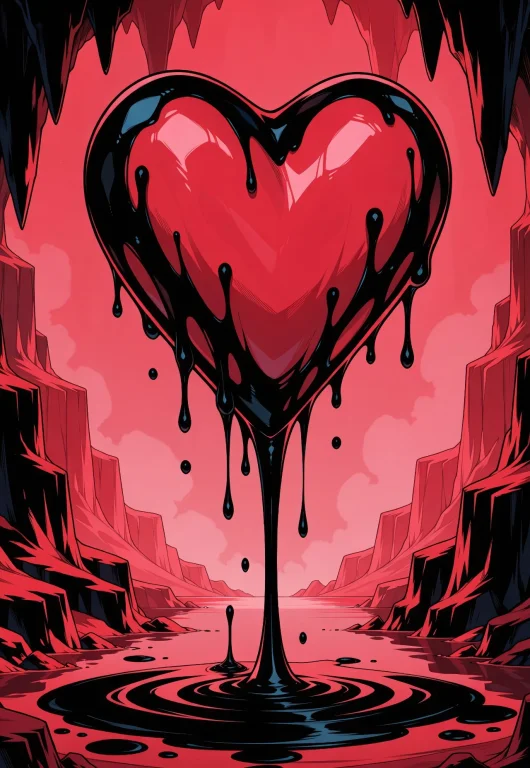 Floating Heart, Red Cave, Heart Dripping Black Ink, Abstract...