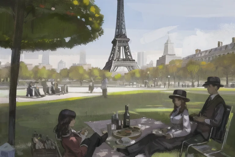 A Painting Of People Sitting In A Park Near The Eiffel Tower...
