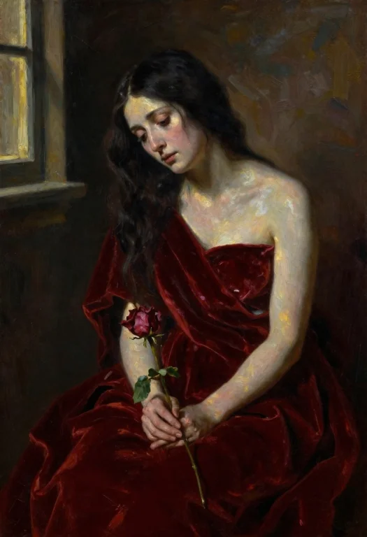 A Woman With Pale, Luminous Skin And Dark, Cascading Hair Si...