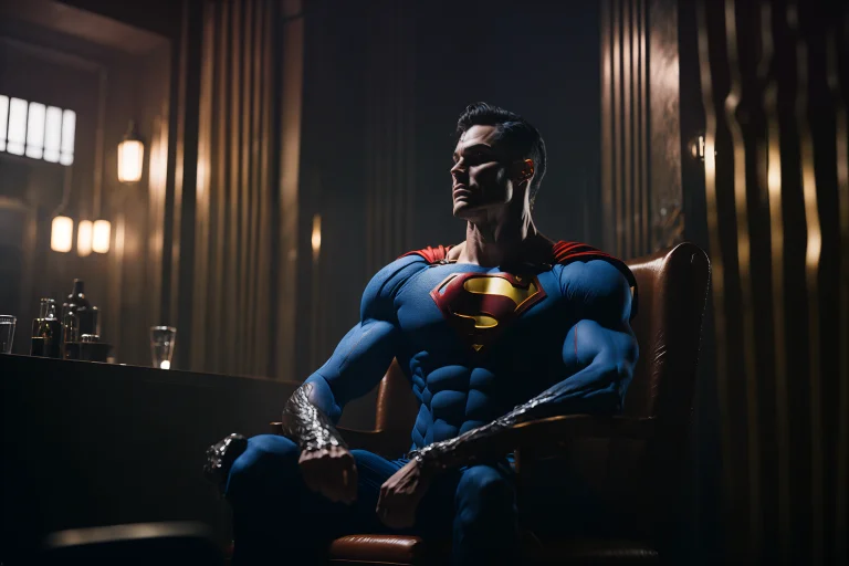Portrait Of A Superman Wearing Sitting On A Throne Inside A...