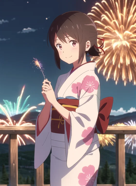 Shinkai Makoto, Kimi No Na Wa., 1girl, Aerial Fireworks, Ban...