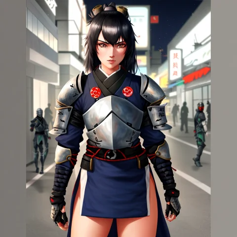 1girl, Female Knight As A Female Ninja As A Female Samurai1.... — Stable Diffusion AI Prompt: 1girl, (female knight as a female ninja as a female samurai:1.4), neon steampunk...