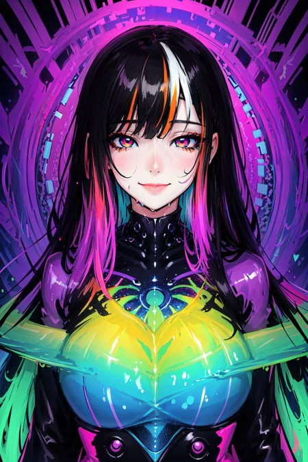 Girl, Cyberpunk, Rainbow1.2, Grinning, Wet, High Quality, Vi...