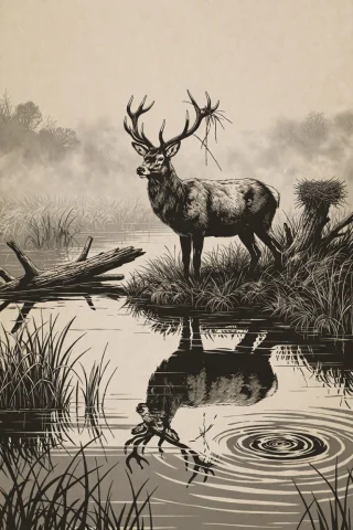 Da0klfe, Black And White Woodcut-style Illustration, Monochr... — Stable Diffusion AI Prompt: da0klfe, black and white woodcut-style illustration, monochrome, A stag standing...