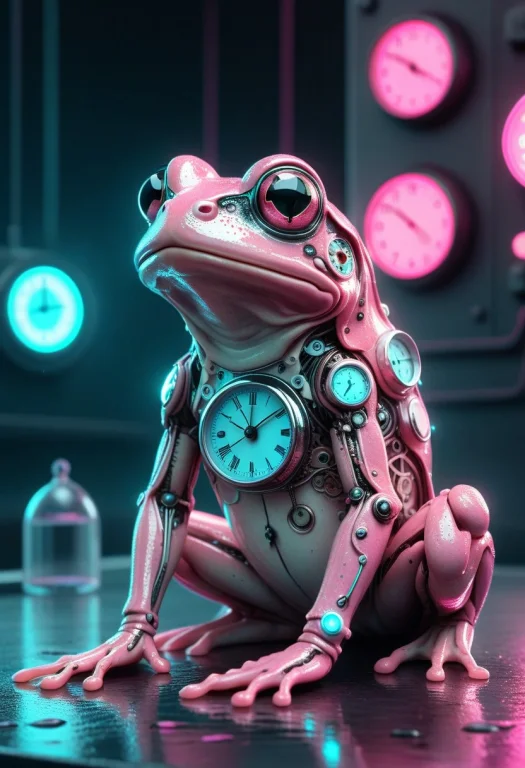 8k, Raw Digital Photo, A Small Frog With A Tiny Clock Face O...