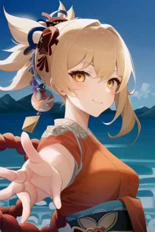 1girl1.15, Solo, Upper Body, Yoimiya Genshin Impact, Blonde... — Stable Diffusion AI Prompt: (1girl:1.15), solo, upper body, Yoimiya \(genshin impact\), blonde hair, 1girl,...