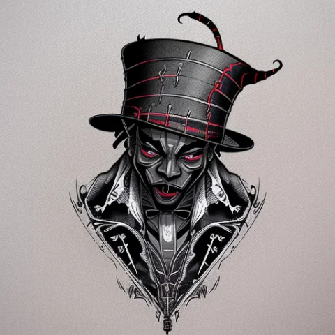 Phantatt Baron Samedi, Red Top Hat Close Up Face White Backg... — Stable Diffusion AI Prompt: phantatt baron samedi, red top hat close up face white background bold linework...