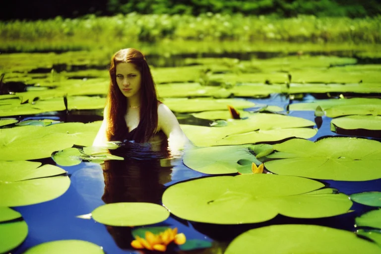 Lomo Style Photograph Of A Pond Of Lily Pad Blooming Flowers...