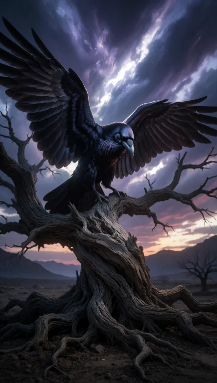 A Colossal Raven With Feathers Rendered In Deep, Textured Bl...