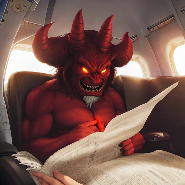 Massive Demon Sitting In An Airplane Reading A Newspaper, Re...